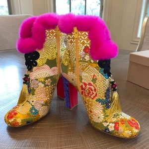 Christian Louboutin May Wong Gold Brocade Fur Trim Ankle Boot Sz 40.5/US10 - New